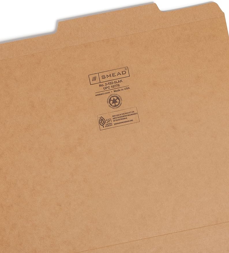 Smead File Folder, Reinforced 2/5-Cut Tab Right of Center, Guide Height, Letter Size, Kraft, 100 Per Box (10776) (Pack of 5)