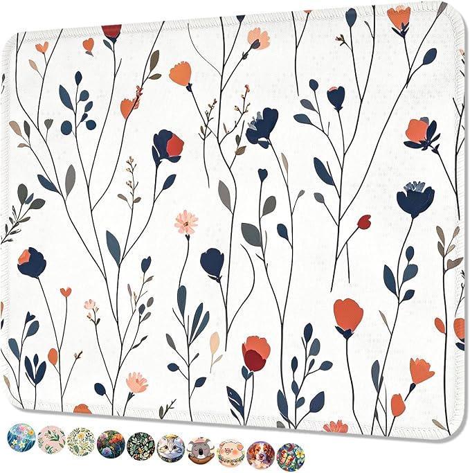 Mouse Pad, Cute Mouse Mat, 10" x 8", White Flower | Square Waterproof Gaming Computer Mat, Textured Top, Stitched Edges, Non-Slip Rubber Base for Office Home Laptop Keyboard