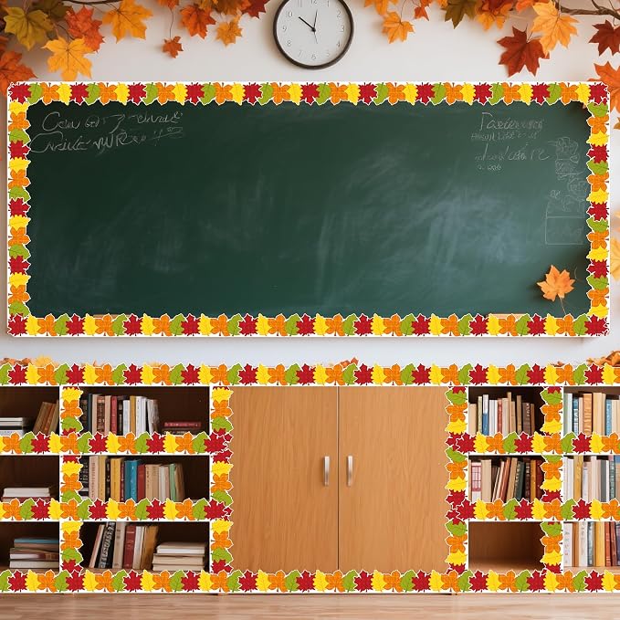 BeYumi Fall Leaves Border Trim - 65ft Plaid Maple Leaves Classroom Decor | Thanksgiving Autumn Harvest Rolled Bulletin Board Border Set Office School Chalkboard Kindergarten Classroom Wall Party Decor