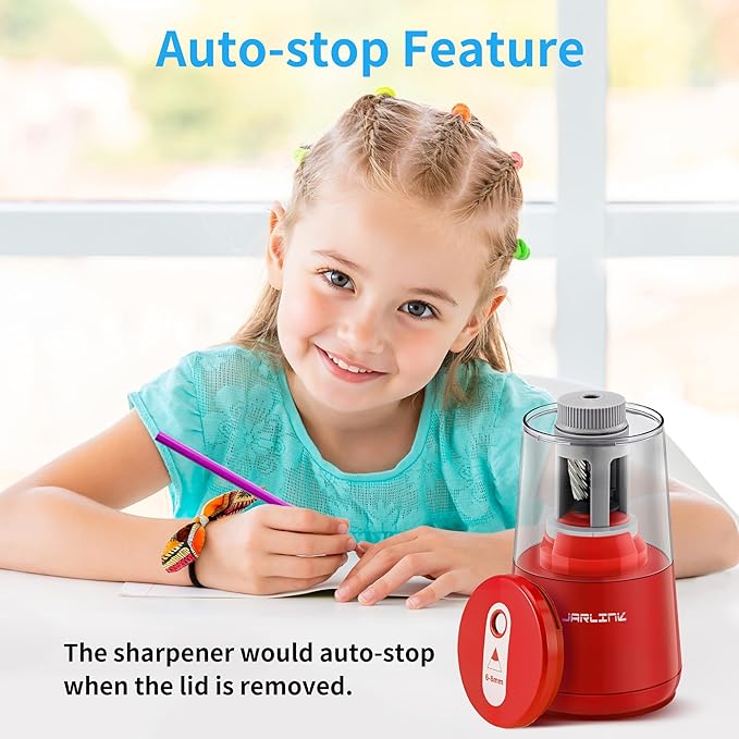 JARLINK Electric Pencil Sharpener, Heavy-Duty Helical Blade to Fast Sharpen, Auto Stop for No.2/Colored Pencils(6-8mm), USB/Battery Operated in School Classroom/Office/Home (Red)
