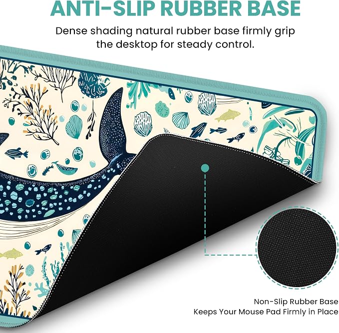 Aesthetic Desk Mat, Cute Drifting Whales Desk Pad Protector for Work & Decor, 35.4" x 15.7", Pretty Non-Slip Extended Mouse Pad for Office or Home