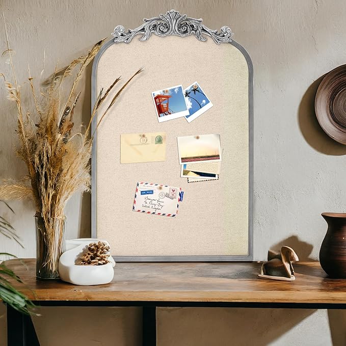 Vintage Framed Pin Board Linen Display Bulletin Board Large Ornate Fabric Picture Photo Pinboard Memo Decorative Prayer Pinboard Ornate for Wall Gift(Arch,19" X 31",Silver)