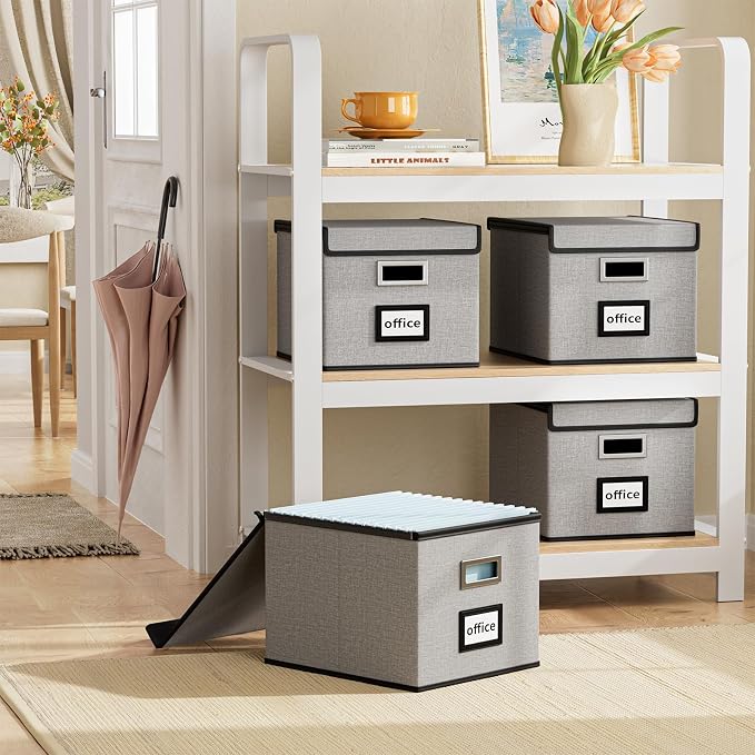 File Organizer Box with Lids, Collapsible File Folder Organizer | File Box with Plastic Slides for Office Document Storage, Filing Bin for Letter Size Hanging File Folders (2 Pack, Gray)