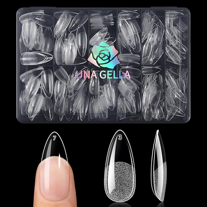 UNA GELLA Medium Almond Nail Tips, Almond Gel Nail Tips, 240pcs Pre Etched Soft Gel Full Cover Press on Clear Acrylic Fake Nails for Nails Extensions No C Curve DIY Salon at Home 12 Sizes