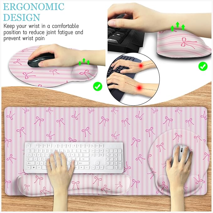 LIMKRIAN Pink Striped Mouse Pad Desk Mat Set, Cute Back to School Supplies | Ergonomic Wrist Rest Mouse Pad, Wrist Support Keyboard Mat, Coaster, Mousepad for Computer Office Desk Decor Accessories