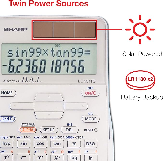 Sharp EL-531TGBDW 12-Digit Engineering/Scientific Calculator with Protective Hard Cover, Battery and Solar Hybrid Powered LCD Display, Great for Students and Professionals, Silver