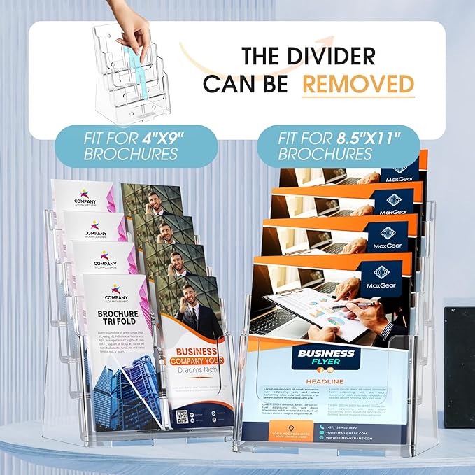 MaxGear Acrylic Brochure Holder 8.5 x 11 inch, 4 Tier Clear Literature Organizer Magazine Stand Display with Removable Divider for 4 x 9 inch Brochures, Pamphlet, Wall Mount or Countertop, 4 Pack