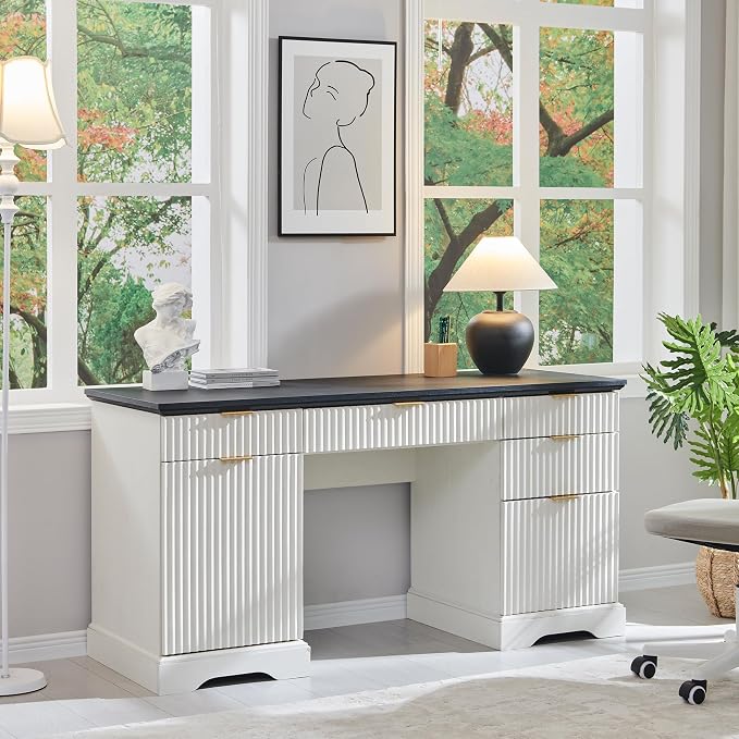 58" Modern Executive Desk with 5 Drawers & 1 Cabinet, Built‑in Outlet | Fluted Computer Writing Desk for Study, Living Room, Bedroom, Antique White