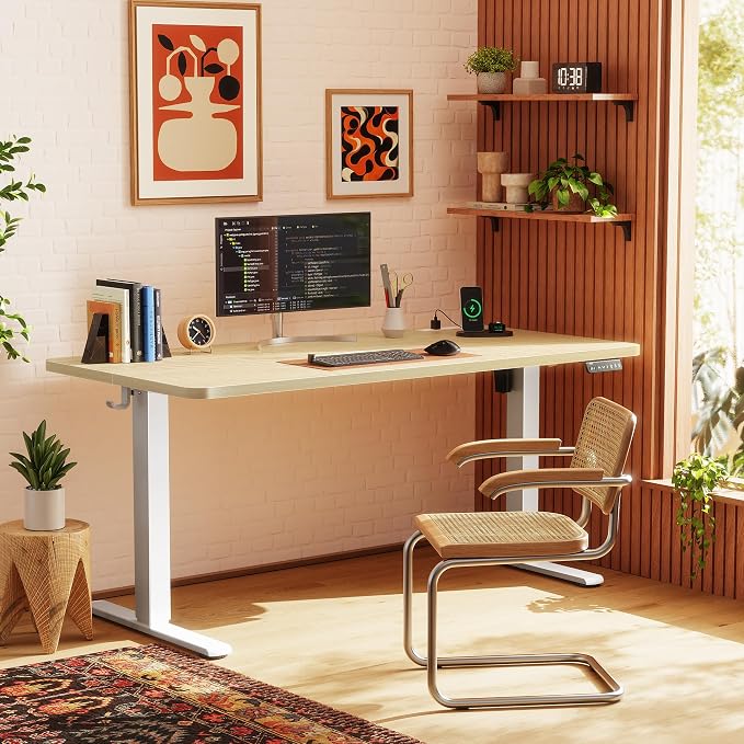 Huuger Electric Standing Desk with Power Outlets and USB-C Port, 55 X 24 Inch Height Adjustable Desk, Sit Stand Desk for Home Office, Computer & Gaming Desk with 4 Presets, Stable Steel Frame, Marple