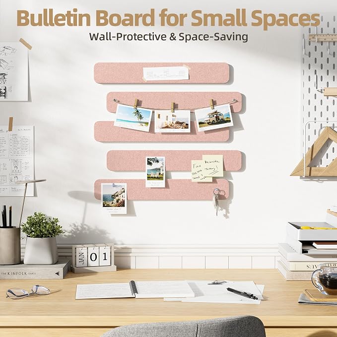 10 Pack 13"x2" Cork Board Strip with Removable Adhesive Squares & Push Pins | Pin Board Alternative Felt Strip Bulletin Board, Felt Board for Photo & Note Display, Home Office Decor - Pink