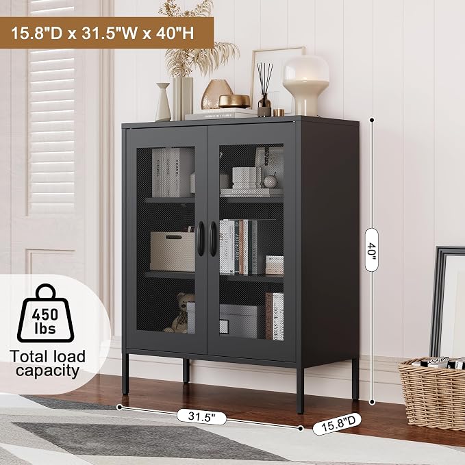 Chshin Black Metal Storage Cabinet,Metal Locker Storage Cabinet with 2 Mesh Doors and Adjustable Shelves,Kitchen Pantry Cabinets for Home,Sideboard,Living Room,Office(40" H)