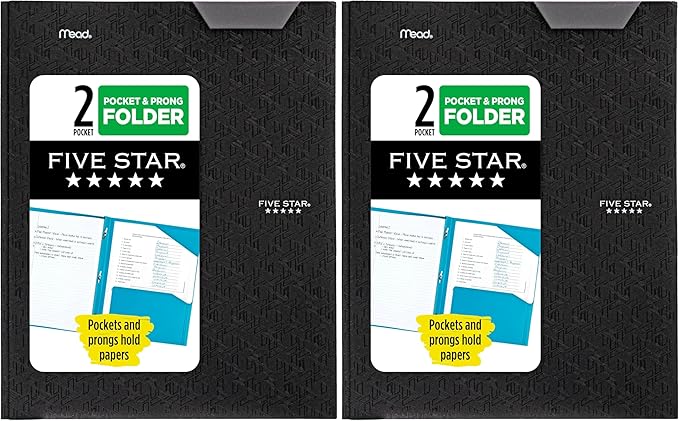 Five Star 2 Pocket Folder, Stay-Put Folder, Plastic Colored Folders with Pockets & Prong Fasteners for 3-Ring Binders, Great for Home School Supplies & Home Office, 11” x 8-1/2, Black (72113)