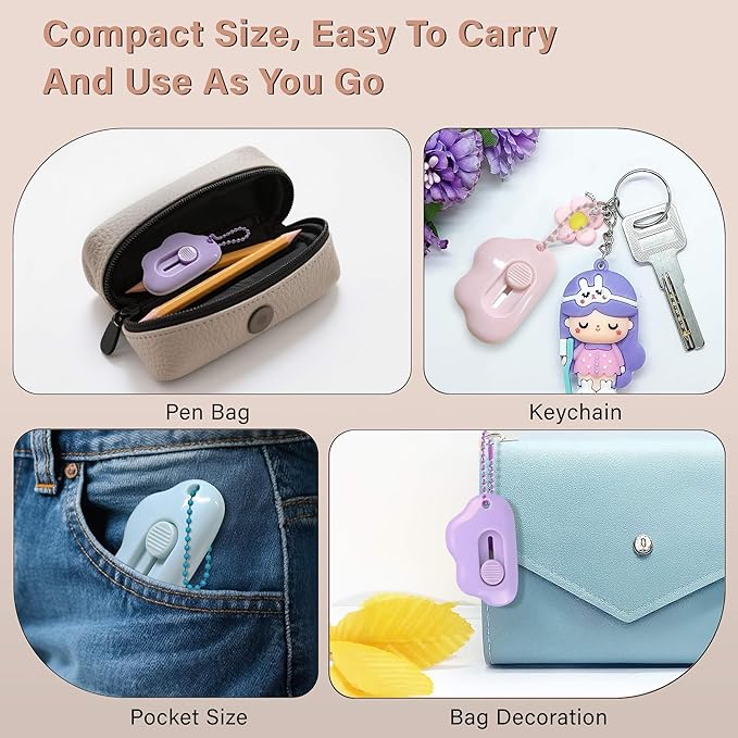 Cloud Shaped Retractable Box Cutter Set - 3 Pack with Key Rings,Stainless Steel Blade,Safe & Portable Letter Opener for Envelopes,Package,Mail,DIY,Paper Cutter for Home,Office,Outdoor (3 Color)