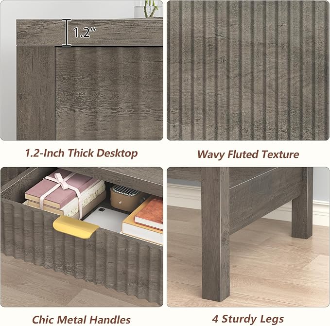 39 Inch Small Fluted Computer Desk with 2 Drawers for Bedroom, Home Office | Small Computer Desk with Storage, Compact Writing Study Desk for Small Spaces, Grey
