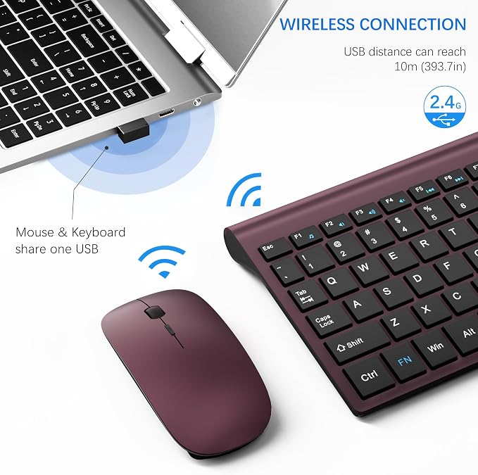 Wireless Keyboard and Mouse Ultra Slim Combo, TopMate - Wine Black | 2.4G Silent Compact 2400DPI Mouse and Scissor Switch Keyboard Set with Cover, Batteries Included, for PC/Laptop/Windows/Mac