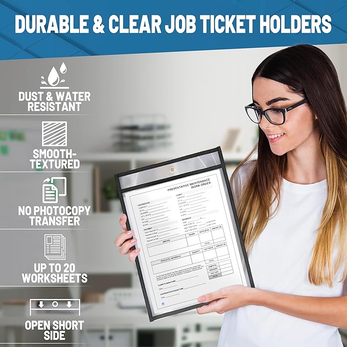 10 Pack Job Ticket Holders 8.5x11 - Work Order Plastic Sleeves for Documents - 8 1/2 x 11 Shop Ticket Holders - Dry Erase Pocket Sleeves - Dry Erase Pockets - Dry Erase Sleeve - Clear Pocket Sleeve