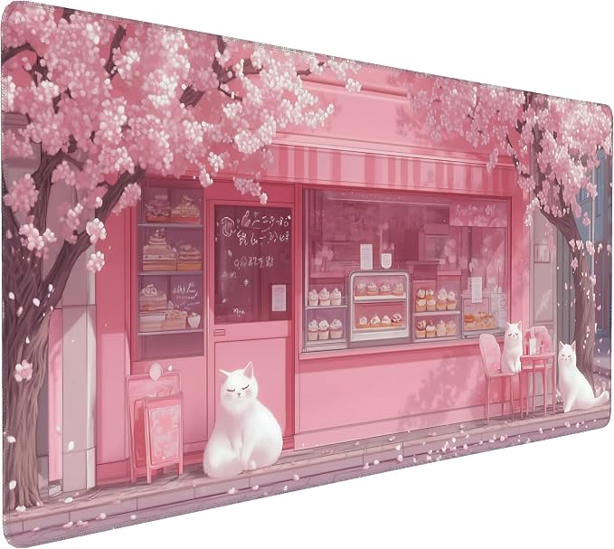 Cute Anime White Cat Gaming Mouse Pad, Pink Warm Healing Desk Mat with Anti-Slip Base & Stitched Edges,35.4" x 15.7" in Desk Accessories for Women, Home Office Decor & Artistic Gift