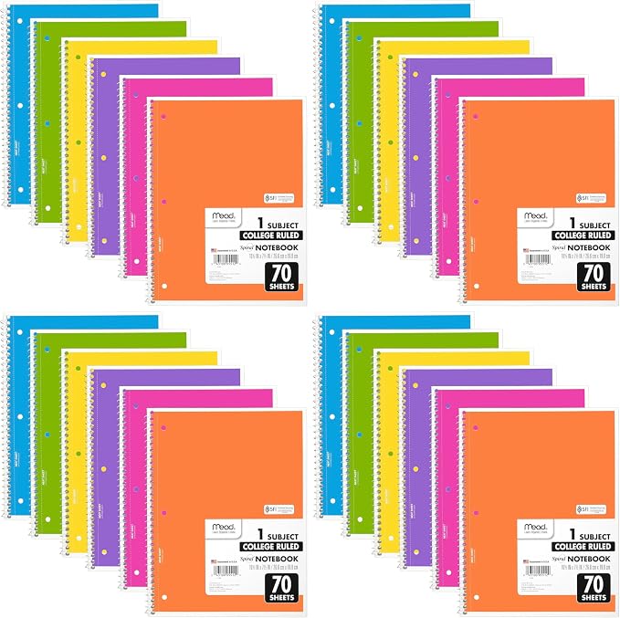 Mead Spiral Notebook, 24 Pack, 1 Subject, College Ruled Paper, 7-1/2" x 10-1/2", 70 Sheets per Notebook, Assorted Bright Colors (830050-ECM)
