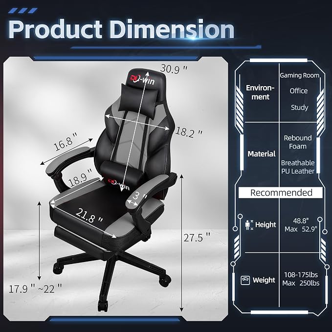 Gaming Chairs for Adults, Computer Chair with Footrest and High Back, Big and Tall Gamer Chair's with Massage Lumbar Support, 360° Swivel Height Adjustable Gaming Chair, Grey
