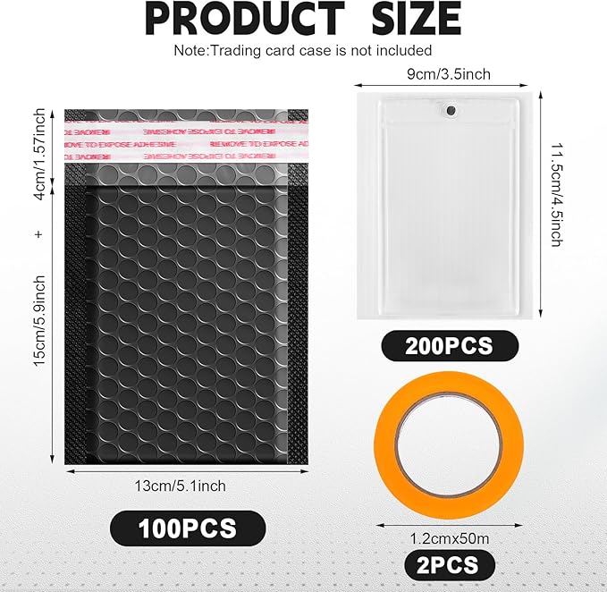 302 Pcs Trading Card Shipping Protector Set Include 200 Precut Plastic Inserts Card Mailers 100 Poly Bubble Mailers Padded Envelopes and 2 Masking Tape(Black,5.1 x 5.9 Inch)