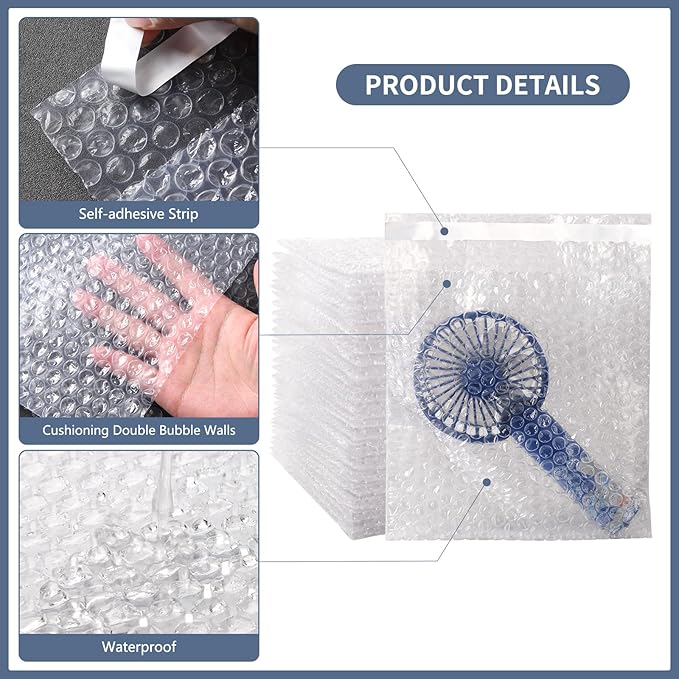 100 Pack Self-Seal Bubble Pouch Bags 7.5x7.5 Inch Small Bubble Out Bag Pouches Clear Double Walled Bubble Cushioning Bags for Packing, Shipping and Storage