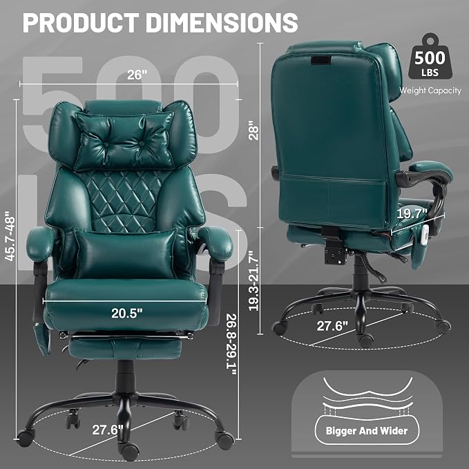 Massage Office Chair with Foot Rest,6 Points Vibration & Heat Executive Office Chairs for Heavy People,500LBS Big and Tall Office Chair,Ergonomic Reclining Desk Chair,Dual-Use Pillow,Home Office,Green