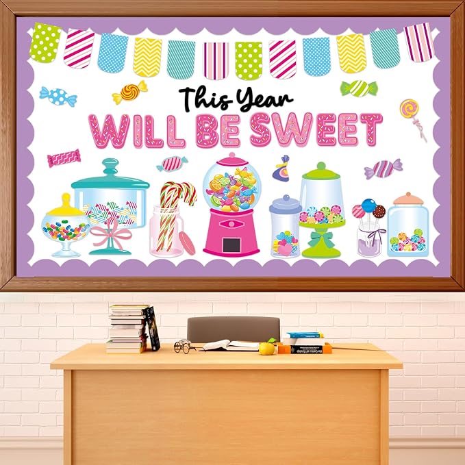 Candy Bulletin Board Set Sweet Theme Classroom Bulletin Board Decorations Pink Gumball Machine Cutouts Classroom Decorations for Back to School Office Home Chalkboard Decor Wall Door