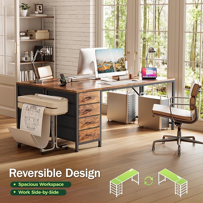 63 Inch Computer Office Desk with Power Outelts and USB-C Port, Reversible Gaming Desk with 4 Fabric Drawers, Work Study Desk Work from Home, Rustic Brown