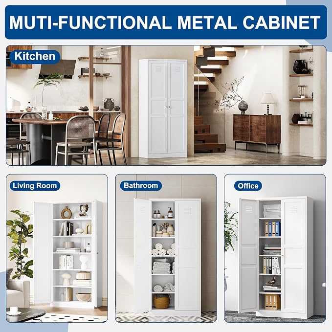 Fesbos Metal Storage Cabinet-71” Tall Steel File Cabinets with Doors and 5 Adjustable Shelves-White Steel Storage Cabinet for Home,Kitchen, School, Office, Garage