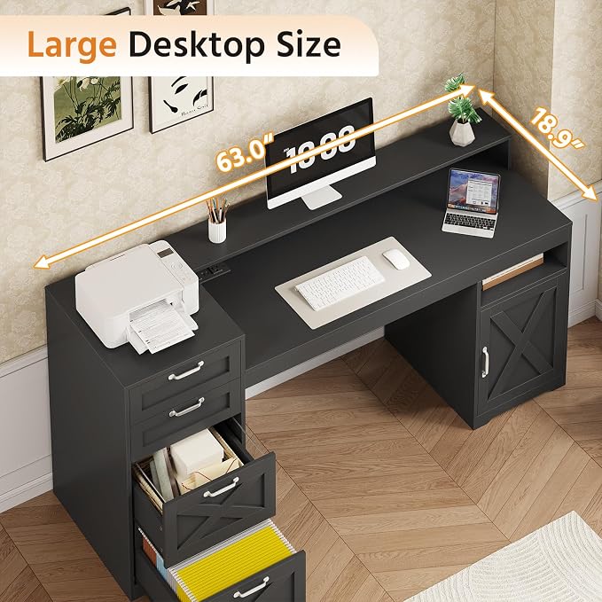63" Black Computer Desk with 4 Drawers & Outlets for Home Office, Bedroom | Executive Desk with Printer Stand, Monitor Stand, Home Office Desks with Power Outlets, Storage Shelves, Black