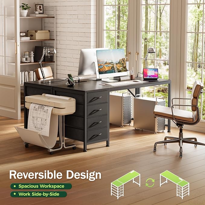 55.1 Inch Computer Office Desk with Power Outelts and USB-C Port, Reversible Gaming Desk with 4 Fabric Drawers, Work Study Desk Work from Home, Black