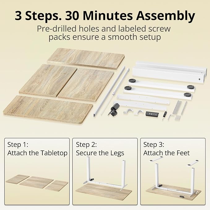 TIQLAB Electric Height Adjustable Standing Desk 71 * 30 inch, Sit Stand Desk with Splice Board, Memory Controller, White Frame & Maple Top Computer Workstation for Home Office