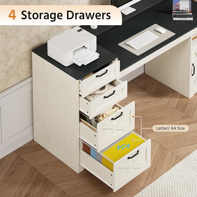 63" Farmhouse Computer Desk with 4 Drawers for Home Office, Bedroom | Executive Desk with Printer Shelf, Monitor Stand, Home Office Desks with Power Outlets, Storage Shelves, Black and White