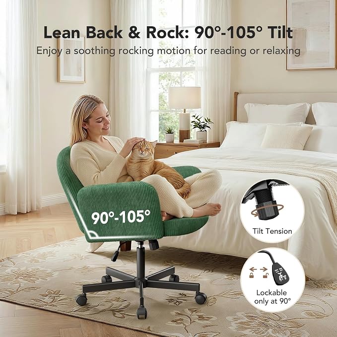 HUANUO Criss Cross Office Chair for Women, Cross Legged Desk Chair with Adjustable Armrests, Soft Corduroy Fabric for Small Spaces, Petite Home Office Computer Chair for Girls, Deep Green