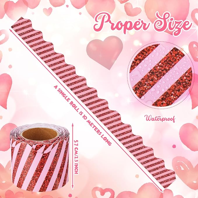 32.8 Ft Red Glitter Bulletin Board Borders, Pink Striped Scalloped | Scalloped Trim for Bulletin Board, Spanish Fiesta Classroom, Valentine Party Decor, Pink Red Glitter Striped Pattern