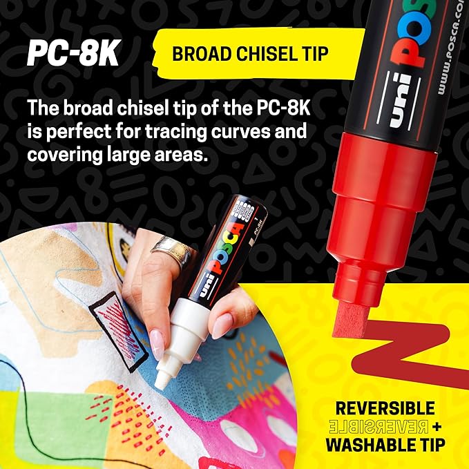 posca Acrylic Paint Markers, 8K Broad Bold Thick Chisel Tips, Artist Recommended Pens for Coloring Gifts, Fabric, Canvas, Glass, Wood or Metal, Set of 15