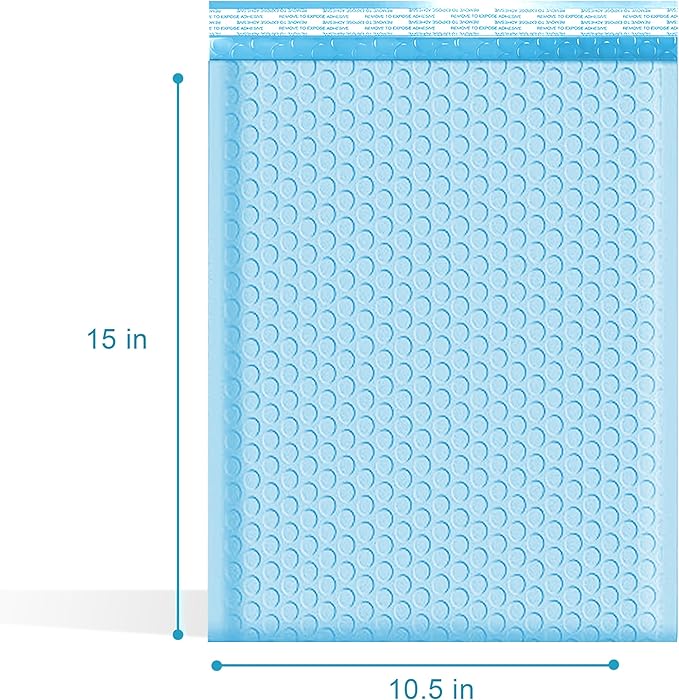 Light Blue 10.5x16 Inch Poly Bubble Mailers #5 | Self Seal Large Padded Envelopes Air Cushioned Bubble Mailer | Usable Size 10.5x15 Inch | Waterproof Lightweight Mailing Shipping Bags | 100 Pack Bulk