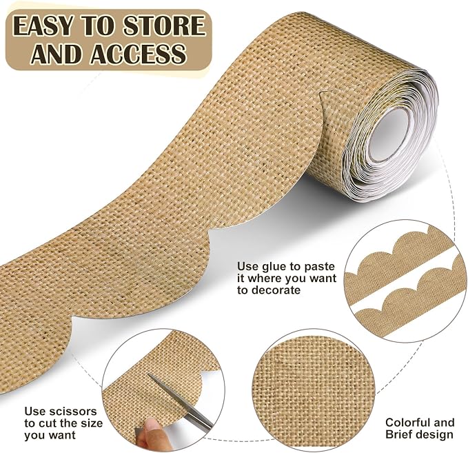 Zonon 65.6 Feet Burlap Bulletin Board Border Farmhouse Classroom Decor | 1 Roll Tan Light Brown Border Scalloped Trim, Suitable for Back To School Chalkboard, Poster, Wall, Office Decor
