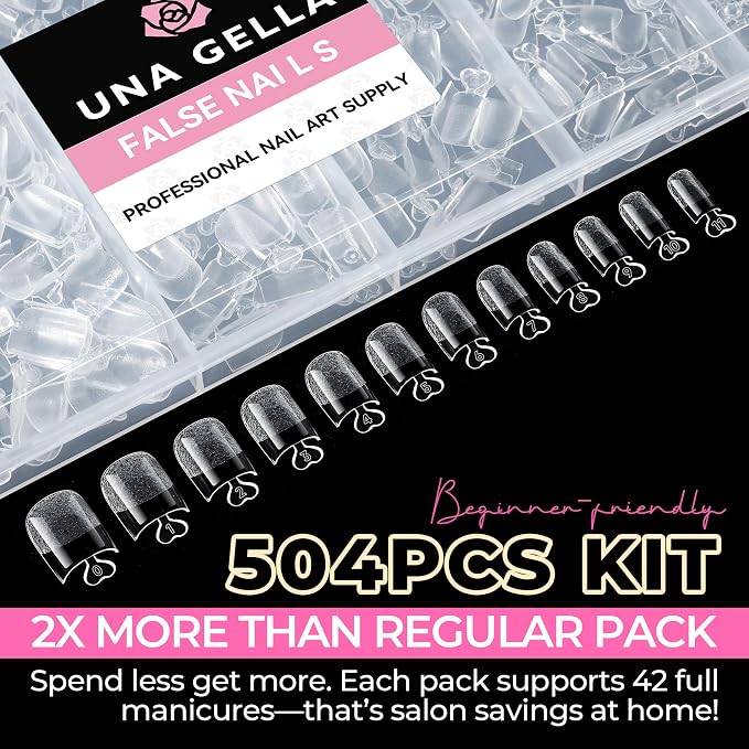 UNA GELLA Extra Short Square Nail Tips, 504PCS Sharp Square Press On Nails | XS Sharp Square Soft Gel Full Cover False Nails, 12 Sizes Pre-Etched Acrylic Nail Tips for French Style DIY Salon at Home