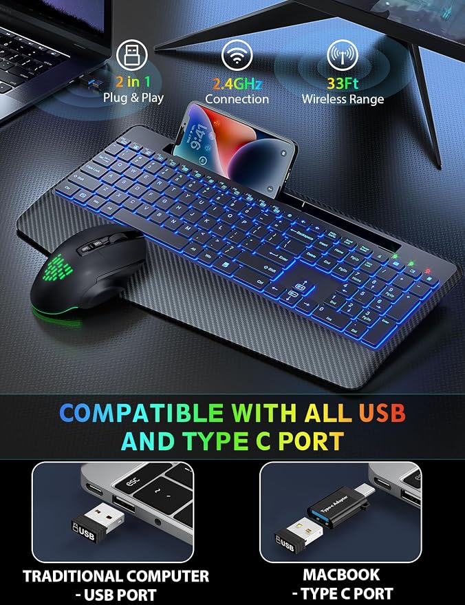Wireless Keyboard and Mouse Combo, Backlit Scissor Keys, Wrist Rest | 7-Color Backlight, Phone Holder, Rechargeable, LED Mouse, Ergonomic Support, Quiet Typing, Win/Mac/ChromeOS, KM22 Ultra+