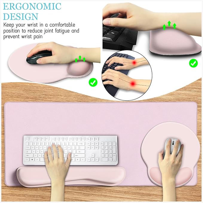LIMKRIAN Pink Desk Mat Set, Mouse Pad with Wrist Rest & Keyboard Support | XXL Desk Pad, Ergonomic Gel Wrist Rest Mousepad, Memory Foam Keyboard Support, Coaster, Home Office Gaming Desk Accessories