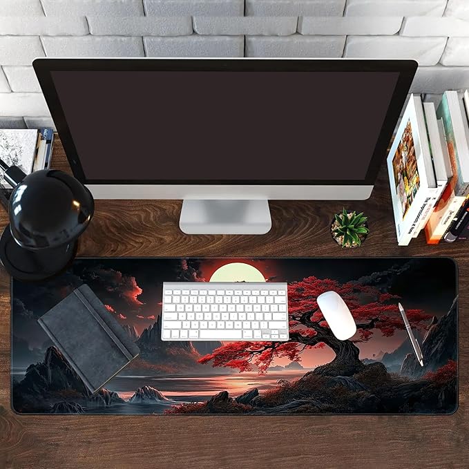 Long Gaming Mouse Pad Extended Anime Large Desk Pad with Non-Slip Base Full Keyboard Mat with Stitched Edges for Gaming and Office 31.5 x 11.8 inches (Night Cherry Blossom)