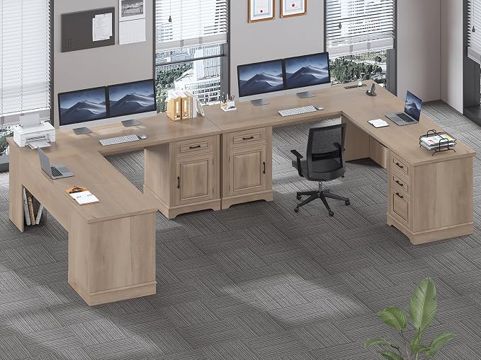 SEDETA Farmhouse 69" Executive L Shaped Desk, Corner Computer Desk with Storage Drawers and Power Outlet, Home Office Desk with File Drawer for Home Office, Oak