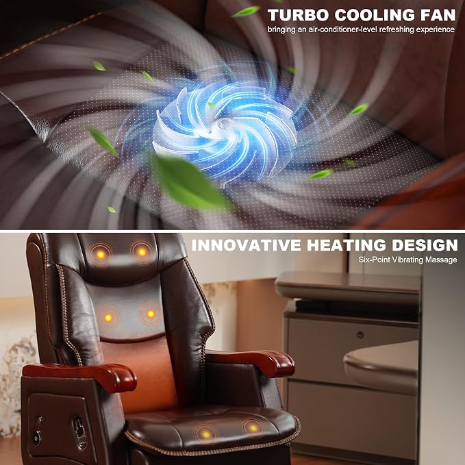 Kinnls Jones Genuine Leather Executive Office Chair with Massage Ventilation and Heating, Luxury Managerial Executive Home Desk Chairs, Big and Tall Recliner with Footrest (Massage Chair-Coffee)