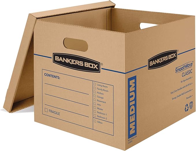 Bankers Box Medium Classic Moving Box 20 Pack, Reinforced Handles, Tape-Free Assembly, Box with Lid, 19-In x 14.5-In x 15.5-In (8817202)