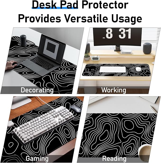 Gaming Mouse Pad, Non-Slip Rubber Base, Stitched Edge Mouse Pad for Office, Home, Black Terrain Line, Extra Large 31.5x11.8 Inch