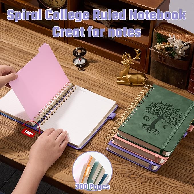 Hardcover Spiral Notebook 6.1" x 8.4" with 5 Removable Dividers 300 Pages Leather 5 Subject Notebook College Ruled 100GSM Large Spiral Notebooks for Work Thick Lined Journal for Women, Purple