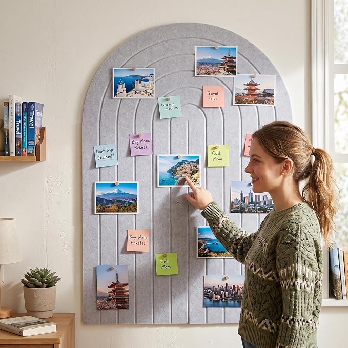Large Arched Felt Bulletin Board 35" x 24" Cork Board Alternative with 30 Pushpins, 30 Adhesive Tabs, Wall Paneling and Cork Boards for Office and Home Wall Decor (Gray)