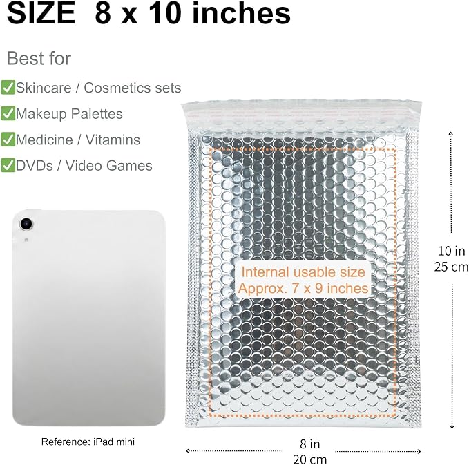 50 Pack 8x10 Inch Insulated Bubble Mailers for Cold Shipping, Silver Foil | Metallic Thermal Padded Shipping Bags with Self-seal Closure, Water-resistant and Protective Bubble Cushioning Envelopes