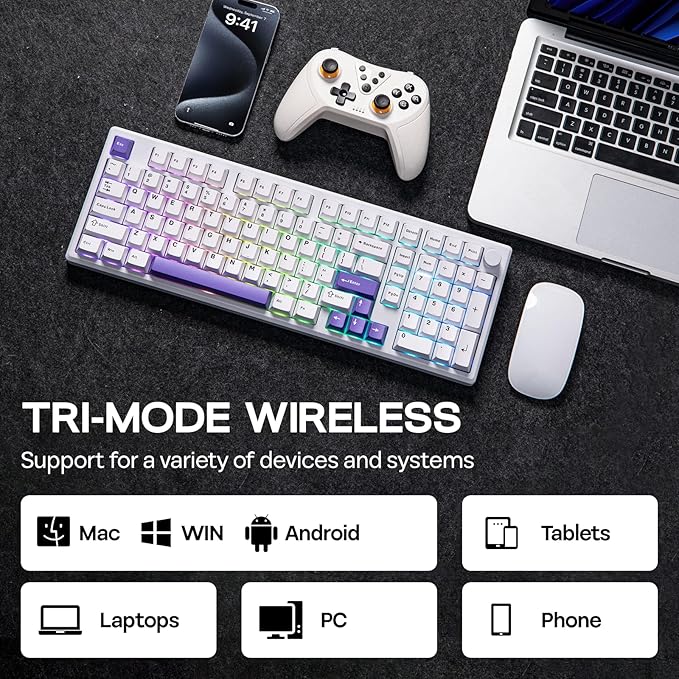 EPOMAKER Galaxy100 QMK/VIA Wireless Gaming Keyboard, Aluminum Shell, BT/2.4Ghz/USB-C, Pre-Lubed Hot-Swappable Linear Switches, NKRO, RGB Backlit (White Purple, Marble White Switch)